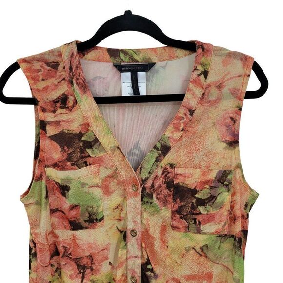 BCBGMaxAzaria Sleeveless Blouse Top L Floral Mesh Button Down V-neck Feminine - Picture 7 of 14